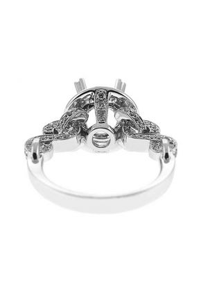 Semi-Mount Crossover Twist Shank Engagement Ring with a Round Halo and Diamonds Set in 18k White Gold