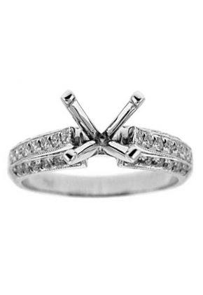 Semi-Mount Milgrain Engraved Three Side Engagement Ring with Micro-Pav?? Set Diamonds in 18k White Gold