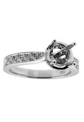 Semi-Mount Engagement Ring with Micro-Pav?? Set Diamonds Bordered by Beaded MIlgrain in 18k White Gold