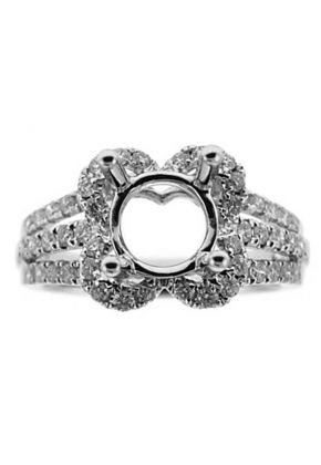 Flower Halo, Triple Split Shank, Diamond Engagement Semi Mount White Gold Ring Setting