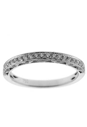 Milgrain Engraved Three Side Band with Micro-Prong Set Round Diamonds and Triangular Openwork in 18k White Gold
