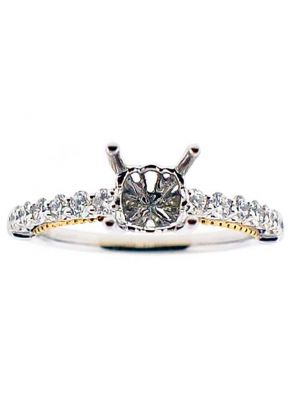 White Gold with Yellow Gold Accent Beading, Single Row Diamond Engagement Semi Mount Ring
