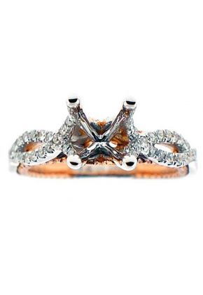Two Tone, White And Rose Gold Twist Bypass Diamond Engagement Semi Mount Ring Setting