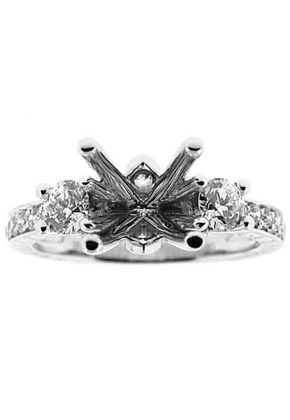 Three Stone Look, Diamond and Hand Engraved Shank, Diamond Engagement Semi Mount White Gold Ring Setting