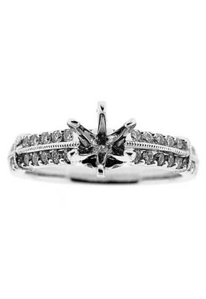 Double Row With Miligrain Design Center, Diamond Engagement Semi Mount White Gold Ring Setting