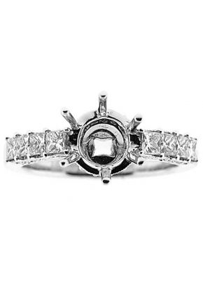 Prong Set Princess Diamonds, Side Profile Trimmed with Round Diamonds, Engagement Semi Mount White Gold Ring Setting