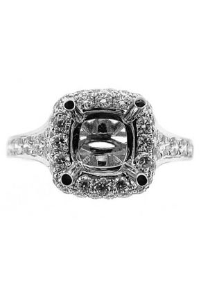 Square Halo, Single to Double Row Graduating Diamond Shank, Engagement Semi Mount White Gold Ring Setting