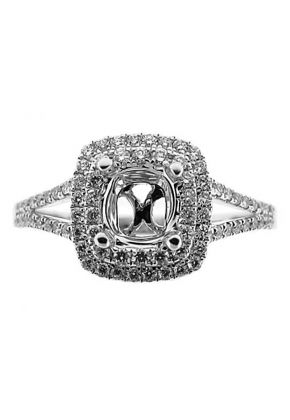 Double Square Halo Split Shank, Diamond Engagement Semi Mount White Gold Ring Setting