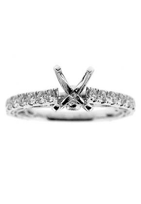 Single Row Diamonds with Filigree Side Profile, Engagement Semi Mount White Gold Ring Setting