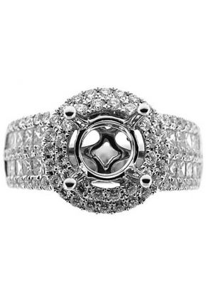 Double Halo Center, 5 Row Sides 1.53 TCW Diamonds Semi Mount Engagement Ring 18kt White Gold