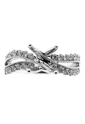 Semi-Mount Wavy Split Shank Engagement Ring with Prong Set Round Diamonds and Beaded Milgrain in 18k White Gold
