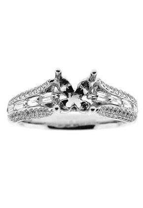 Center Baguettes, Pave Set Borders Diamond Semi Mount Engagement Ring Setting