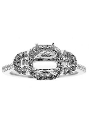 3 Stone Halo, Half Moon, Thin Shank, Embellished Crown, Diamond Semi Mount Engagement Ring Setting