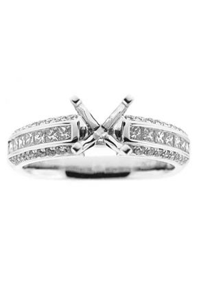 Semi Mount Engagement Ring with Channel Set Princess Cut Diamonds Bordered by Round Diamonds in 18k White Gold