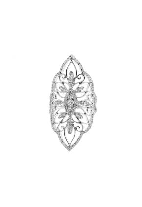 Vintage Inspired Statement Ring with Dainty Filigree Design Between Diamond Rounds Set in 18K White Gold