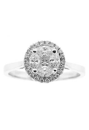 Halo Style Right Hand Fashion Ring with Cluster of Marquise, Princess Cut, and Round Diamonds Set in 18K White Gold