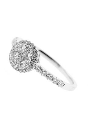Round Right Hand Fashion Ring with Cluster of Diamonds Surrounded by Diamond Halo in 18K White Gold