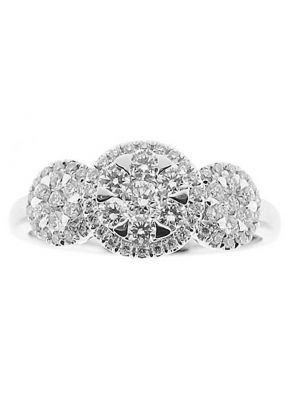 3 Stone Right Hand Fashion Ring with Clusters of Diamonds Surrounded by Diamond Halos in 18K White Gold