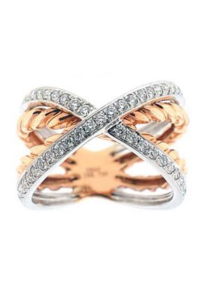 Two Toned Crossover Style Ring with Diamonds Set in 18K White Gold and Rope Design in 18K Rose Gold