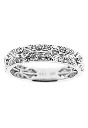 Beaded Milgrain Engraved Band with Bezel and Micro-Prong Set Round Diamonds in 18k White Gold