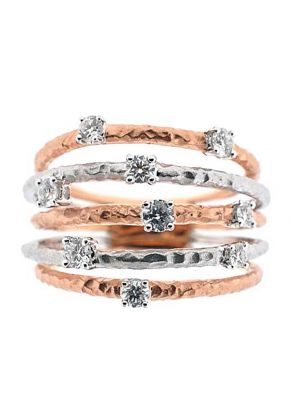 Two Tone 5 Row Cocktail Statement Ring with Prong Set Diamonds in 18K White and Rose Gold