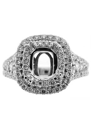 Cushion Double Halo Graduating Sides Diamond Semi Mount Engagement Ring 14kt White Gold