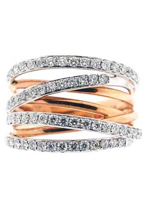 Two Toned 7 Row Crossover Style Ring with Overlapping Rows of Diamonds in 14K Rose and White Gold