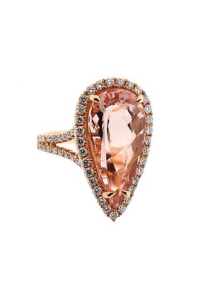 Pear Shaped Morganite Statement Ring in 18K Rose Gold with Diamond Rounds Halo