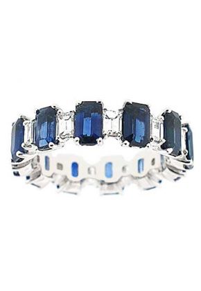 Sapphire Right Hand Fashion Ring with Diamond Baguettes in 18K White Gold