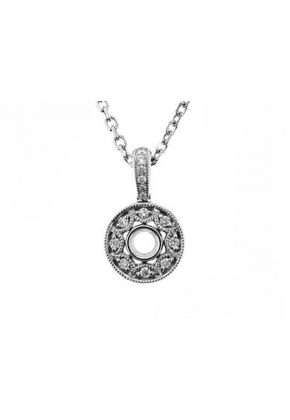 Round Solitaire Diamond Pendant with a Beaded Milgrain Design and Bezel Set Center in 18k White Gold