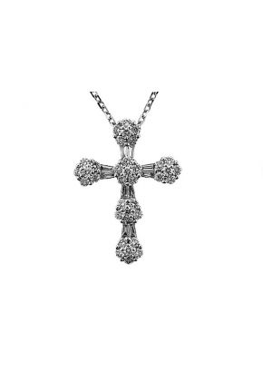 Cross Pendant with Clusters of Diamond Rounds Connected by Diamond Baguettes in 18k White Gold