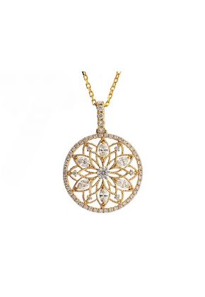 Round Pendant with Marquise Diamonds & Beaded Milgrain in a Flower Design Surrounded by Halo of Diamond Rounds in 18k Yellow Gold