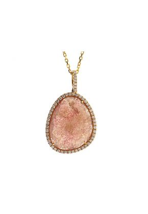Pendant with Strawberry Quartz Polki Surrounded by Diamond Rounds Set in 14k Yellow Gold