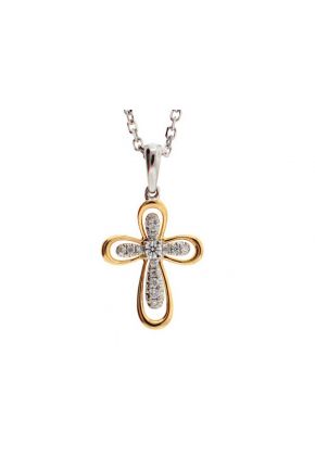 Two Tone Cross Pendant with Diamond Rounds Set in 18k White Gold Outlined by 18k Rose Gold