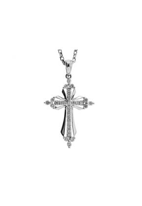 Cross Pendant with Diamond Rounds and a Ribbon Design Outline in 18K White Gold