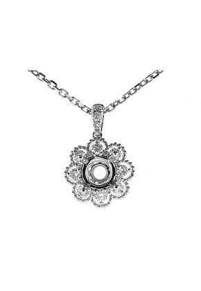 Solitaire Pendant with a Flower Design of Diamond Rounds Traced by Beaded Milgrain and Set in 18k White Gold
