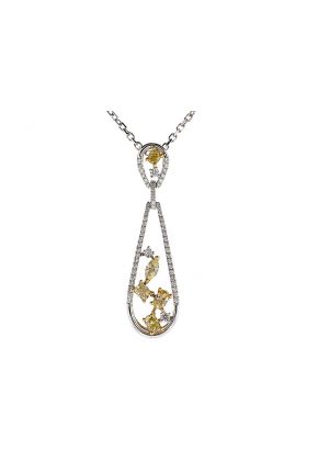 Dangling Long Drop Shaped Pendant with Diamond Rounds & Scattered Fancy Yellow Diamonds Set in 18k White Gold