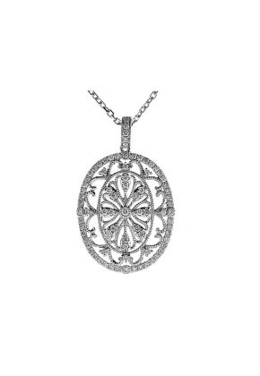 Oval Shaped Pendant with Decorative Diamond Rounds and Beaded Milgrain Filigree in 18k White Gold