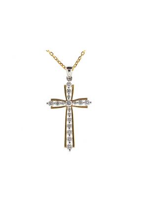 Two Tone Cross Pendant with Diamond Rounds Set in 18k White Gold Bordered by Solid 18K Yellow Gold