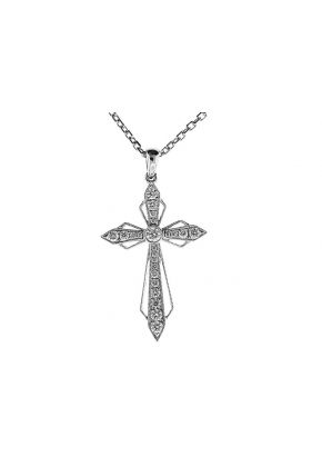 Cross Pendant with Diamond Rounds and a Bezel Set Center Set in 18k White Gold Decorated with Beaded Milgrain