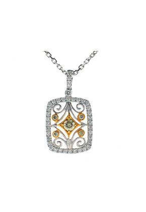 Two Tone Rectangle Pendant with Fancy Yellow Diamonds, Diamond Rounds, and Decorative Filigree in 18k White and Yellow Gold