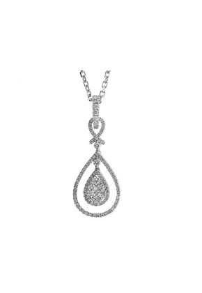 Double Halo Drop Pendant with Center Cluster of Diamonds Traced by Outlines of Diamond Rounds Set in 18k White Gold