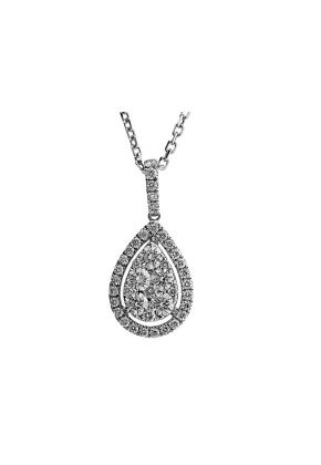 Drop Pendant with Center Cluster of Diamonds Surrounded by Diamond Halo in 18k White Gold