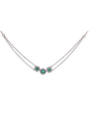 3 Stone Emerald Necklace with Diamond Halos Around Each in 18K White Gold