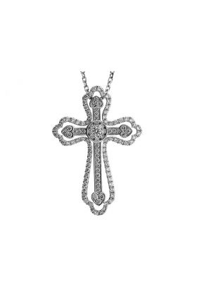 Cross Pendant with Diamond Rounds and Heart Shaped Ends in 18k White Gold