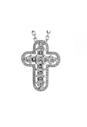 Cross Pendant with Diamond Baguettes Bordered by Diamond Rounds in 18k White Gold