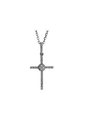 Cross Pendant with a Halo Center and Diamond Rounds Set in 18k White Gold