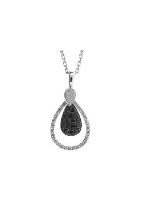 Drop Pendant with Pav?? Set Center of Black Diamonds Surrounded by Halo of Diamond Rounds in 18k White Gold