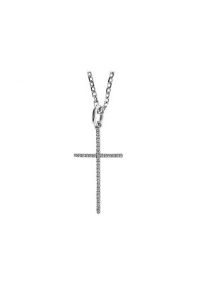 Thin Single Row Cross Pendant with Diamond Rounds Set in 18k White Gold