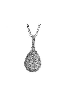 Diamond Drop Pendant with Cluster of Diamonds Surrounded by Halo in 18k White Gold